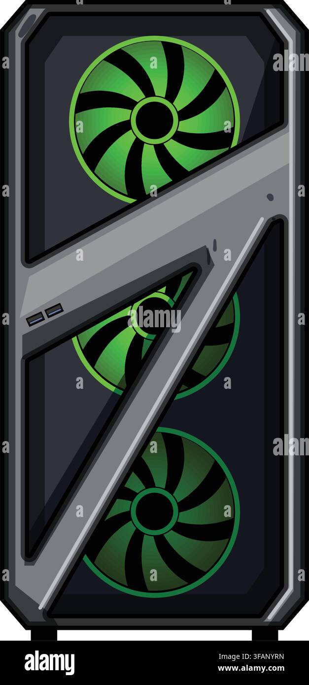 Gaming computer pc case with green fans Stock Vector