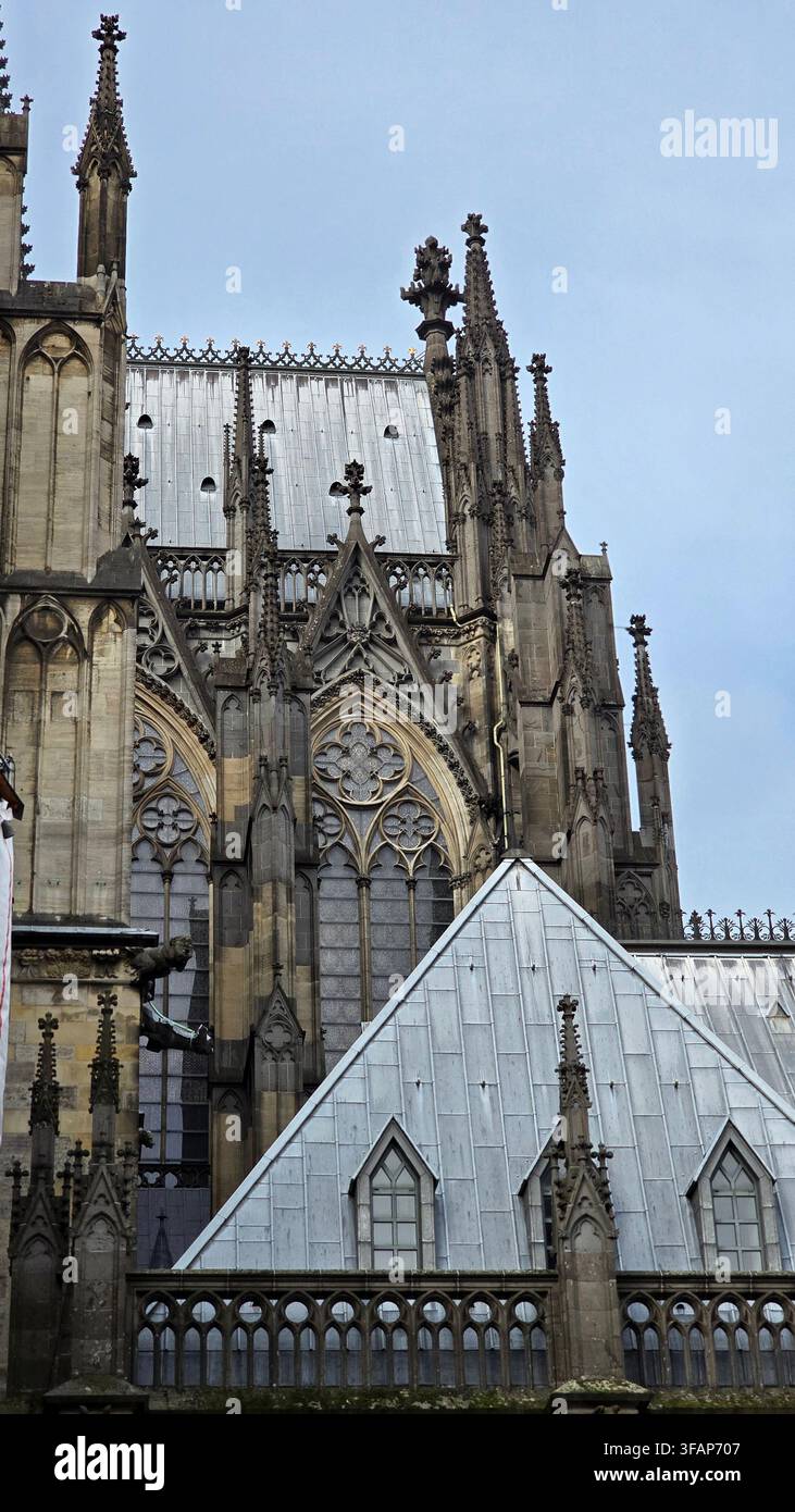 Great St Martin Church rising above colorful historic buildings and outdoor cafe seating in the old town of Cologne, Germany. - Smartphone Captured Stock Image