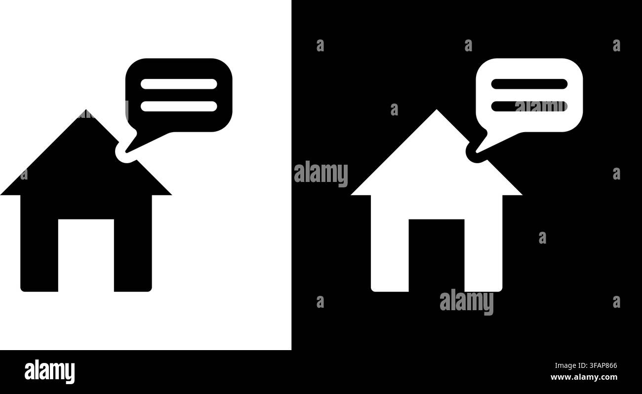 House With Speech Bubble Solid Icon Set. Real Estate Communication, Home Messaging, And Property Discussion Silhouette Symbol Collection. Customer Stock Vector