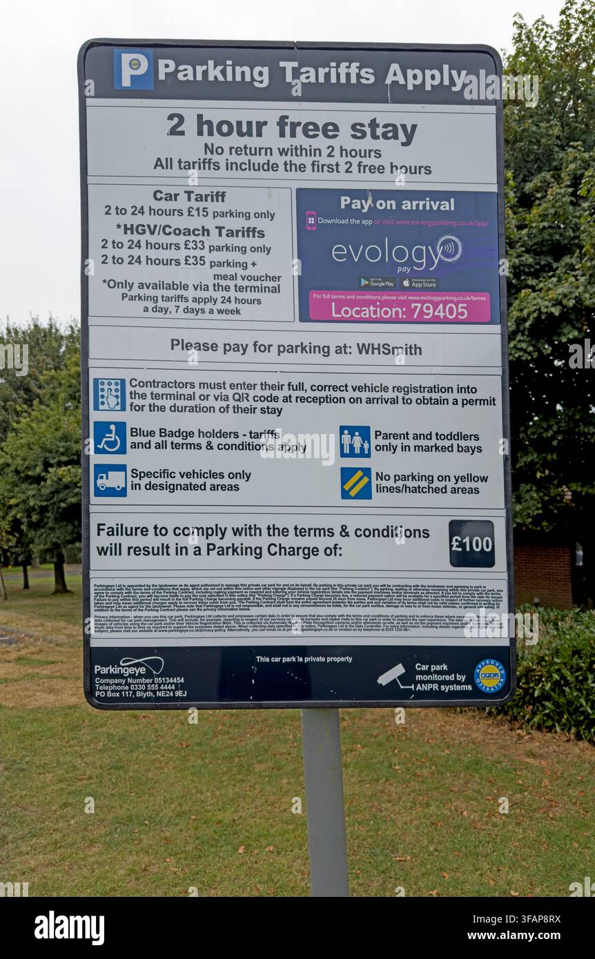 ParkingEye ANPR and two-hour parking tariff sign at Gretna Green Services on the A74(M), Scotland, August 2026. Stock Photo