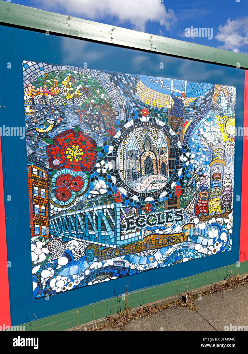 Greetings From Eccles community artwork on We Love Eccles regeneration hoardings in Eccles town centre, Salford, August 2026. Stock Photo