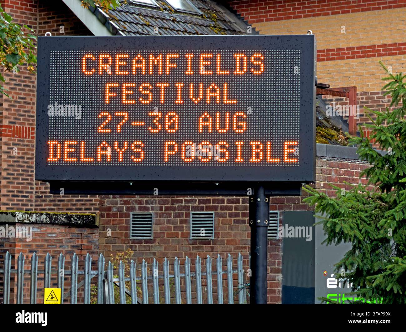 Creamfields Festival delay warning sign beside the A50 at Latchford, Warrington, Cheshire, ahead of the 27-30 August 2026 event. Stock Photo
