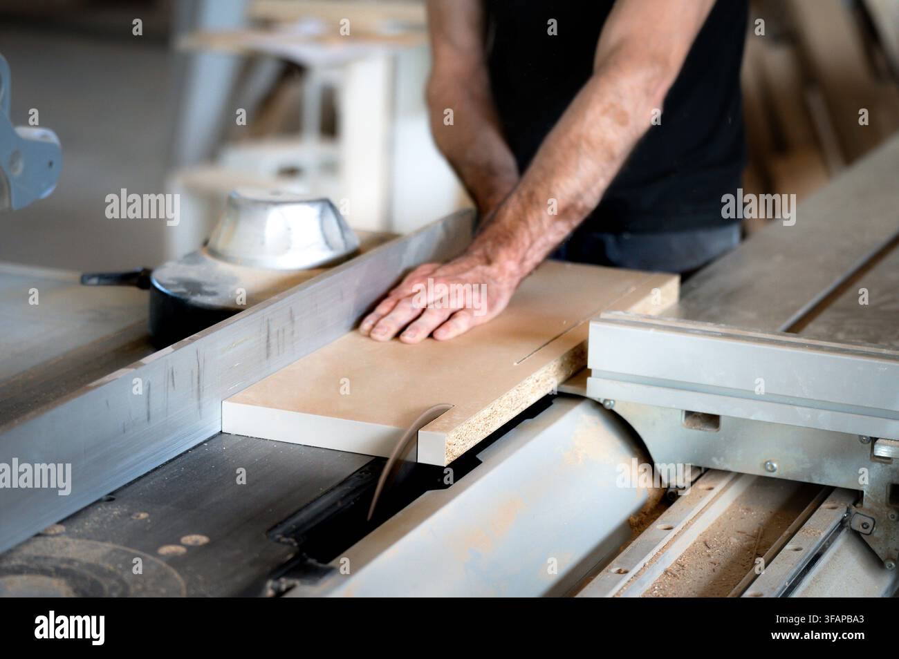 Worker skillfully pushing wood through a table saw in a busy workshop Stock Photo