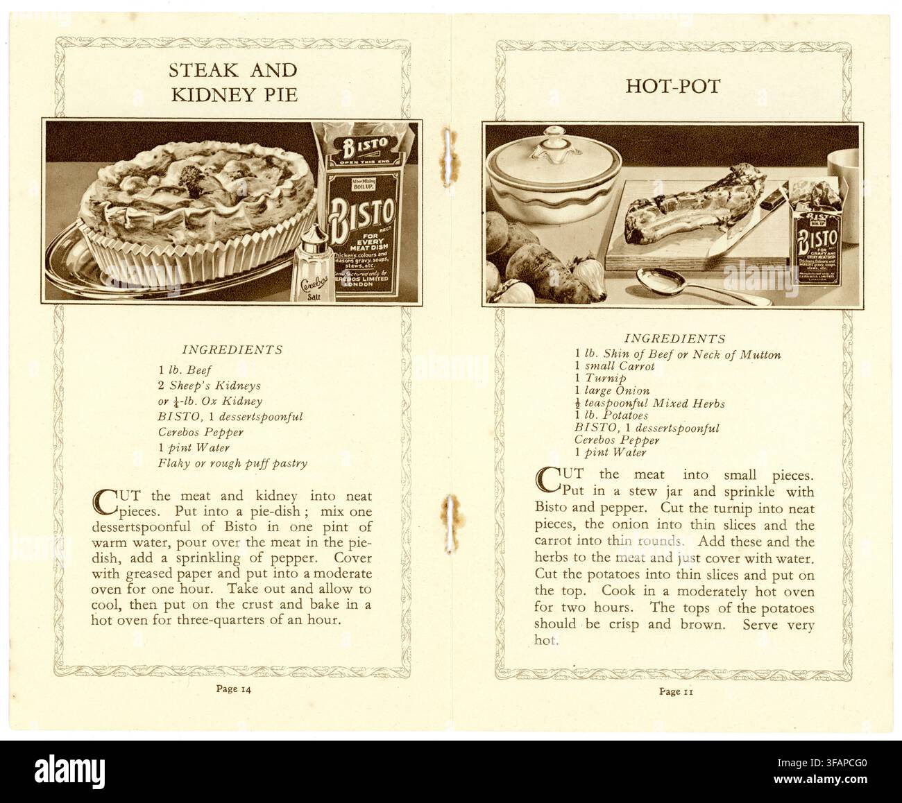 Vintage 1930's traditional British food - steak and kidney pie and hot pot recipes in a Bisto gravy powder recipe booklet, dated 1933, UK Stock Photo