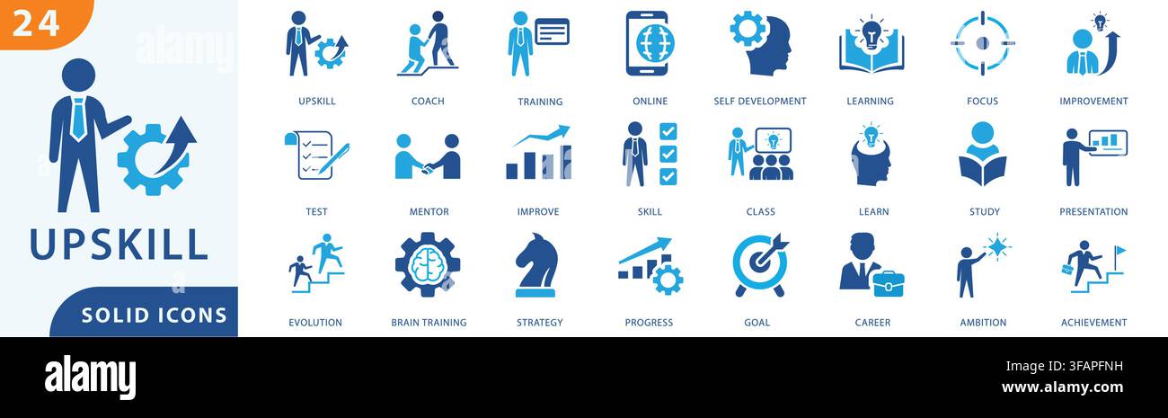 upskill solid icon set collection for personal growth, career development, online training, coaching, and skill improvement design. Stock Vector