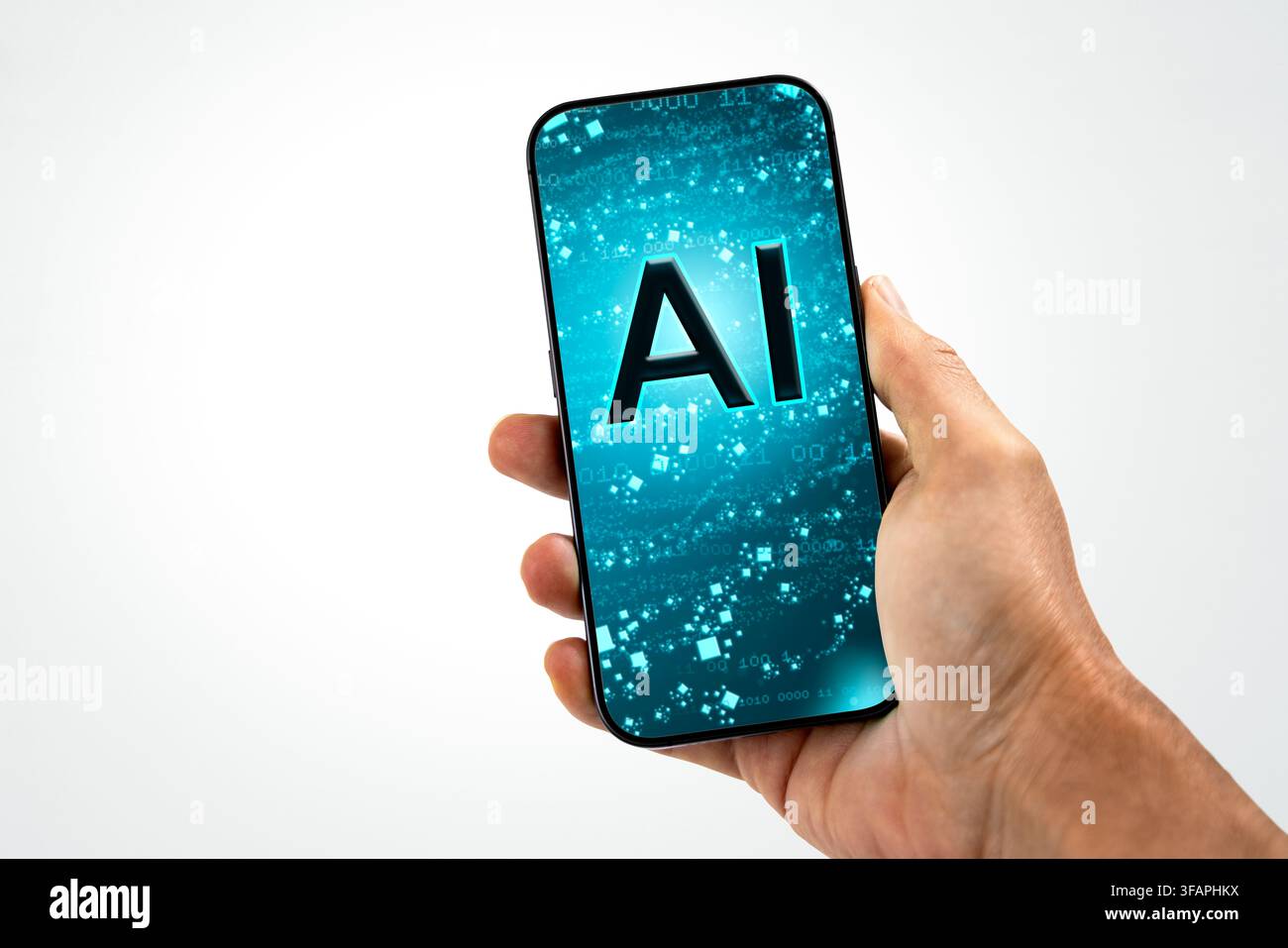 Hand holding smartphone with AI technology concept on screen Stock Photo