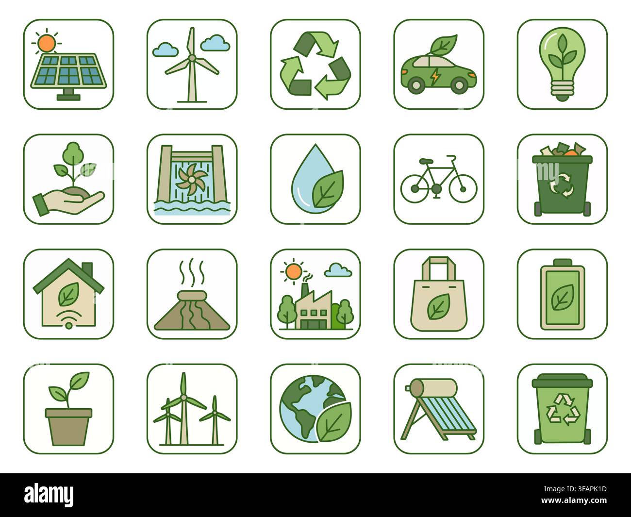Eco Energy and Renewable Power Icons Bundle with Green Technology Elements Stock Vector