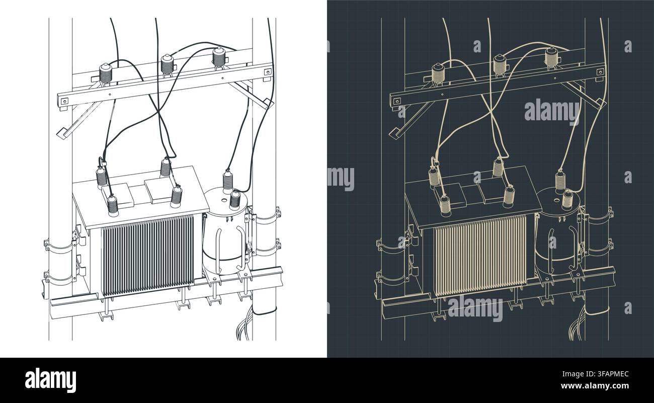 Pole mounted transformer isometric blueprints, stylized vector illustrations Stock Vector
