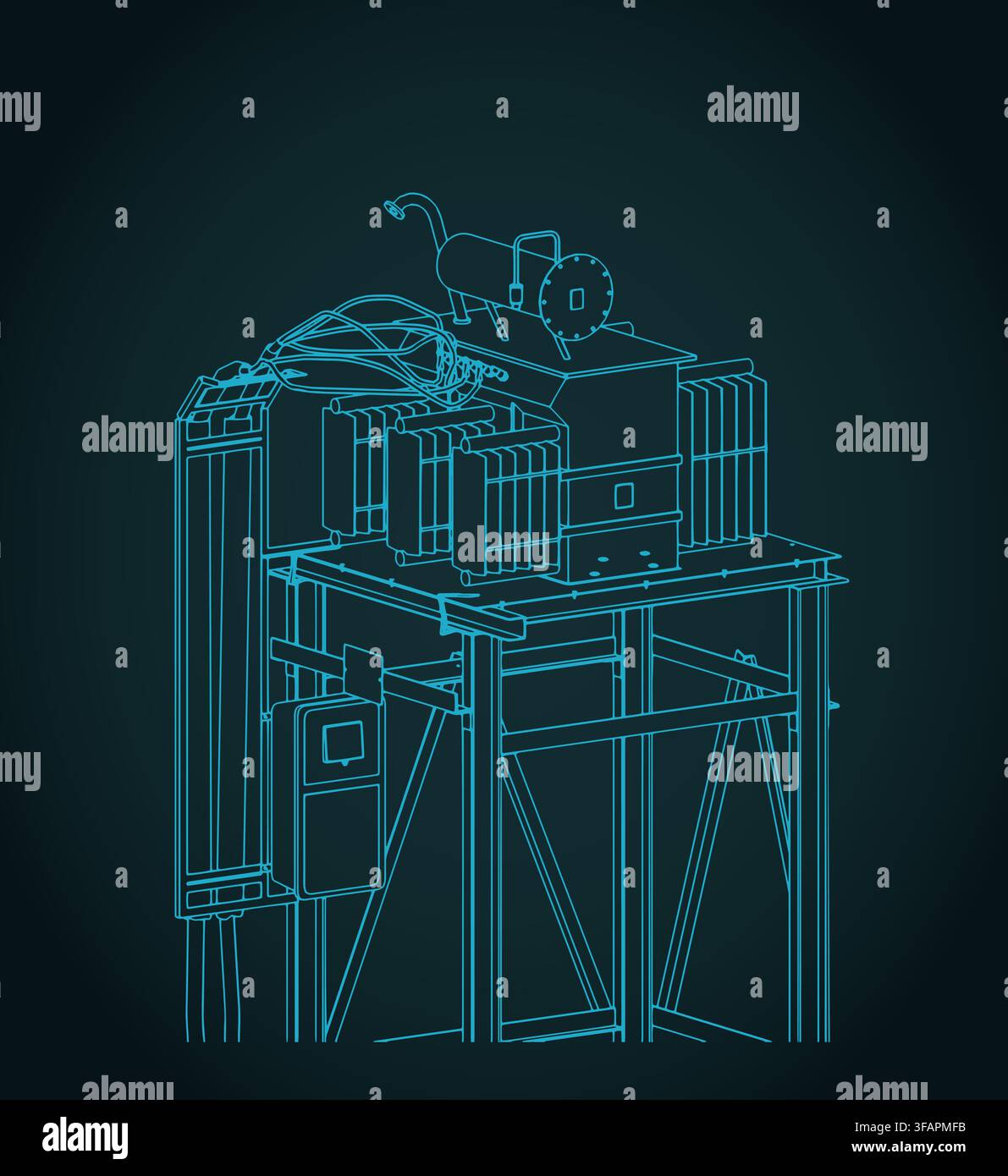 Industrial transformer substation isometric technical blueprint, stylized vector illustration Stock Vector