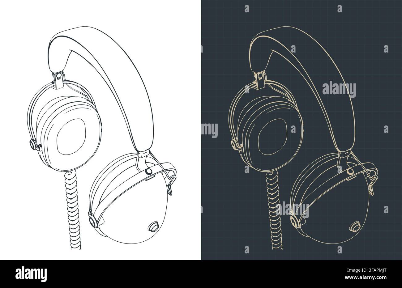 Retro studio headphones stylized technical drawing, stylized vector illustration Stock Vector