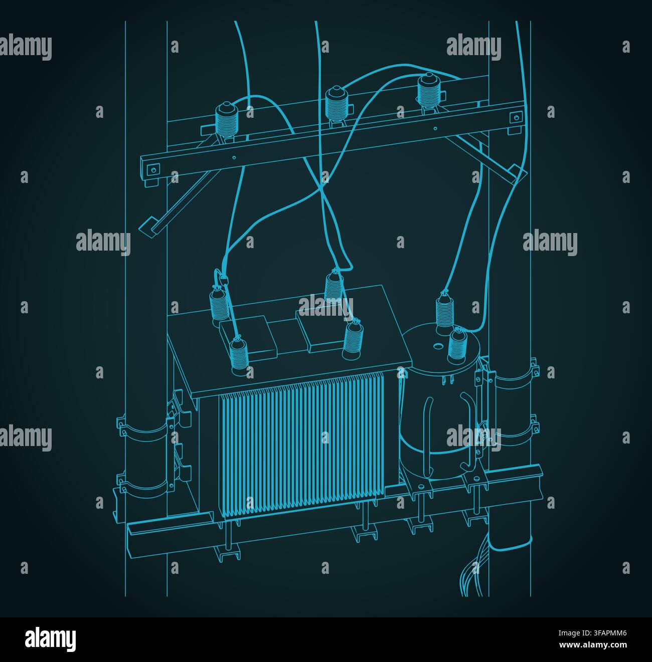 Pole mounted transformer isometric technical drawing, stylized vector illustration Stock Vector