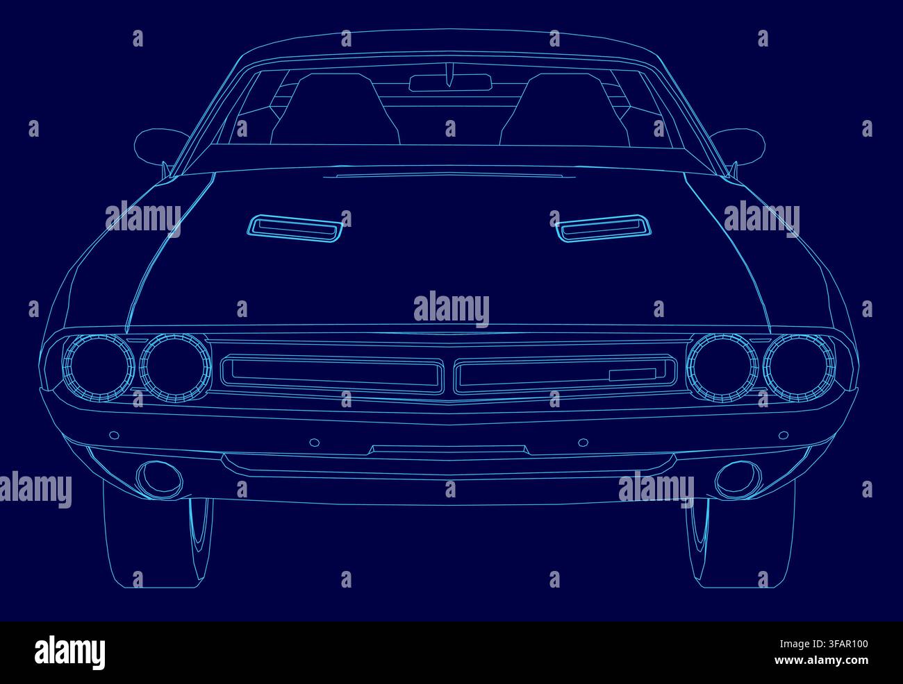 A blue line contour drawing of a muscle car on a solid blue background. Stock Vector
