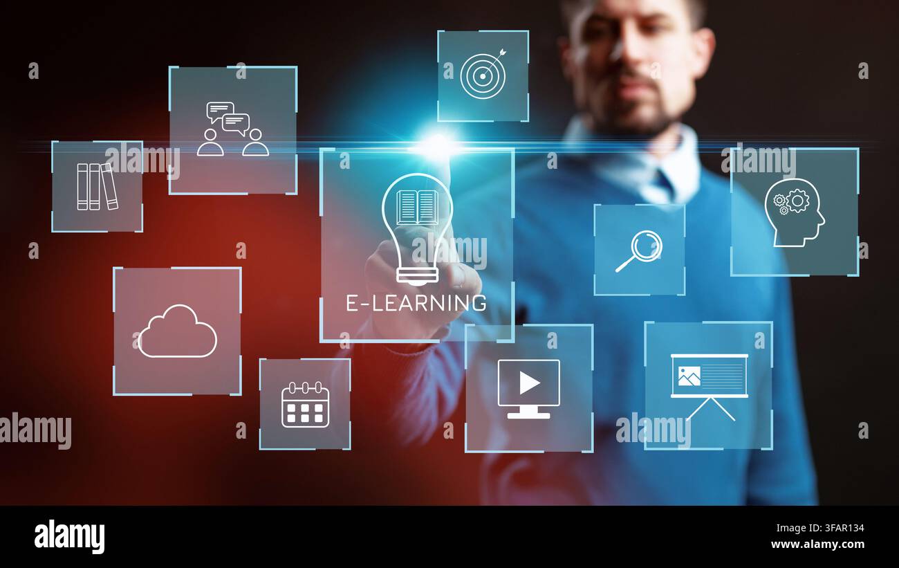 E learning concepts with a man interacting with digital icons in a modern setting Stock Photo
