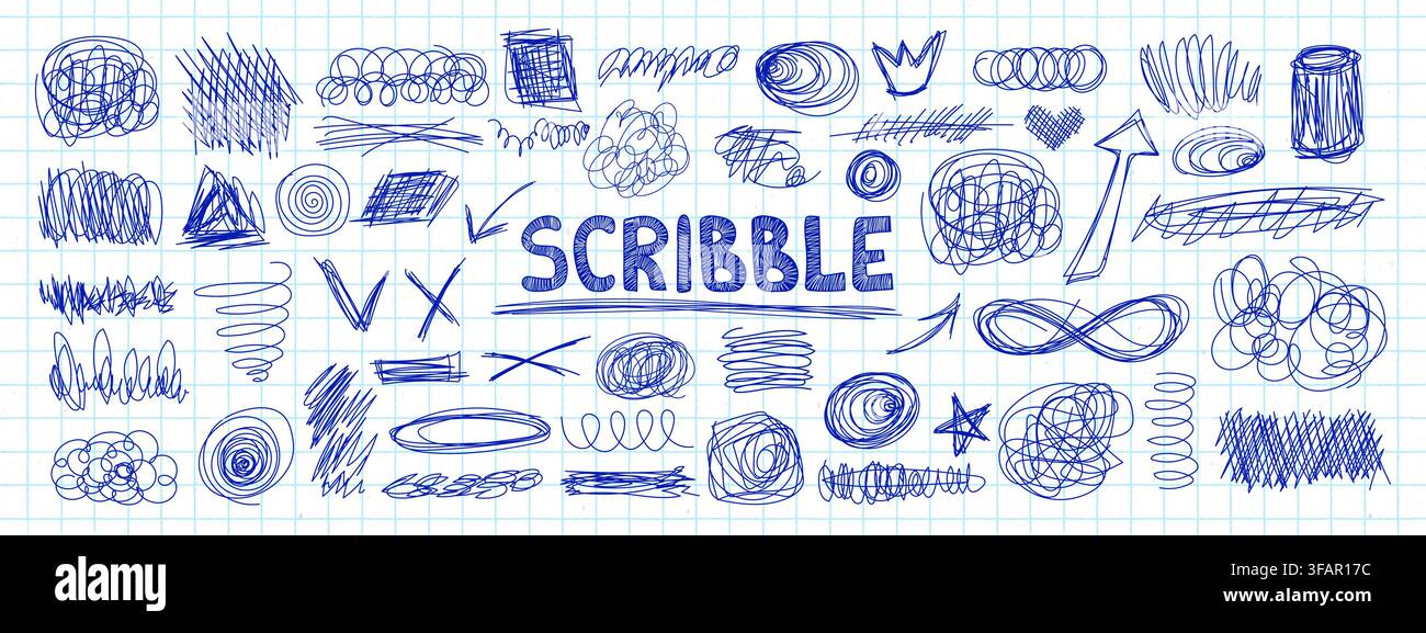 Pen doodles and scribbles form chaotic handwritten textures vector illustration set. Stock Vector