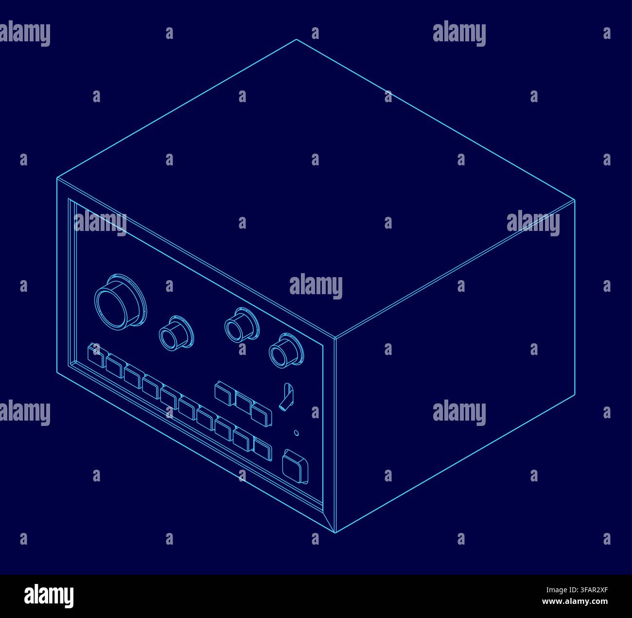A 3D cube amplifier model on a blue background features detailed knobs and buttons for controlling rhythm and contour. This digital arranger interface Stock Vector