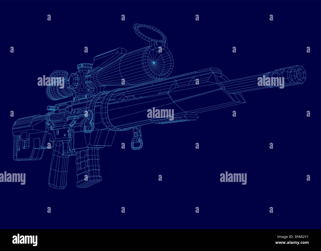 A modern sniper rifle blueprint rendered as a detailed 3D wireframe model, featuring the barrel, scope, and handle on a solid blue background. Stock Vector
