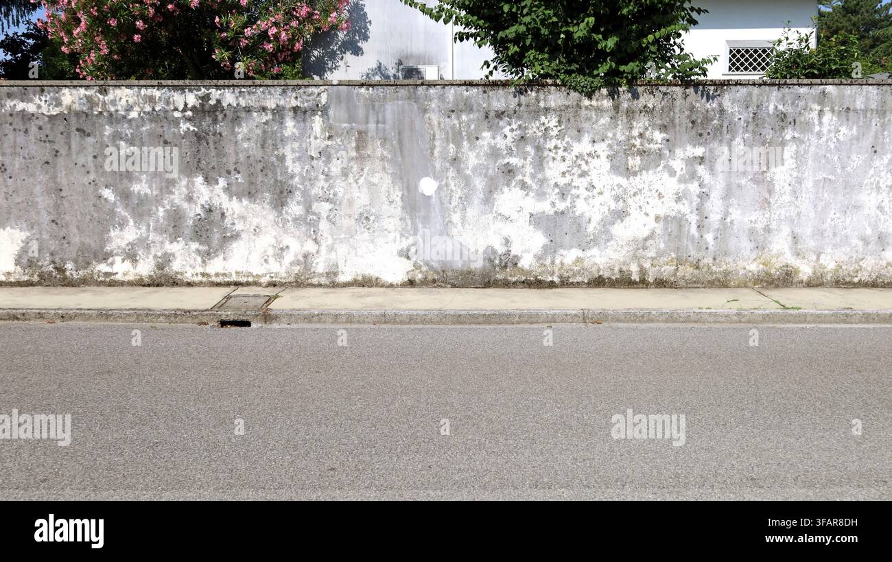 Peeled white plaster wall stained with moss. Concrete sidewalk and asphalt road in front, house on behind. Grunge background for copy space Stock Photo