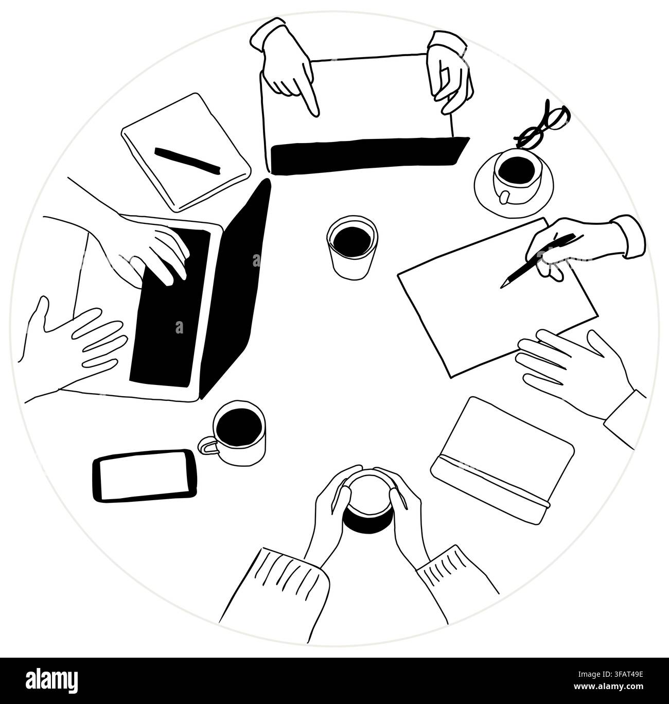 Hands gather around a table and collaborating Stock Vector