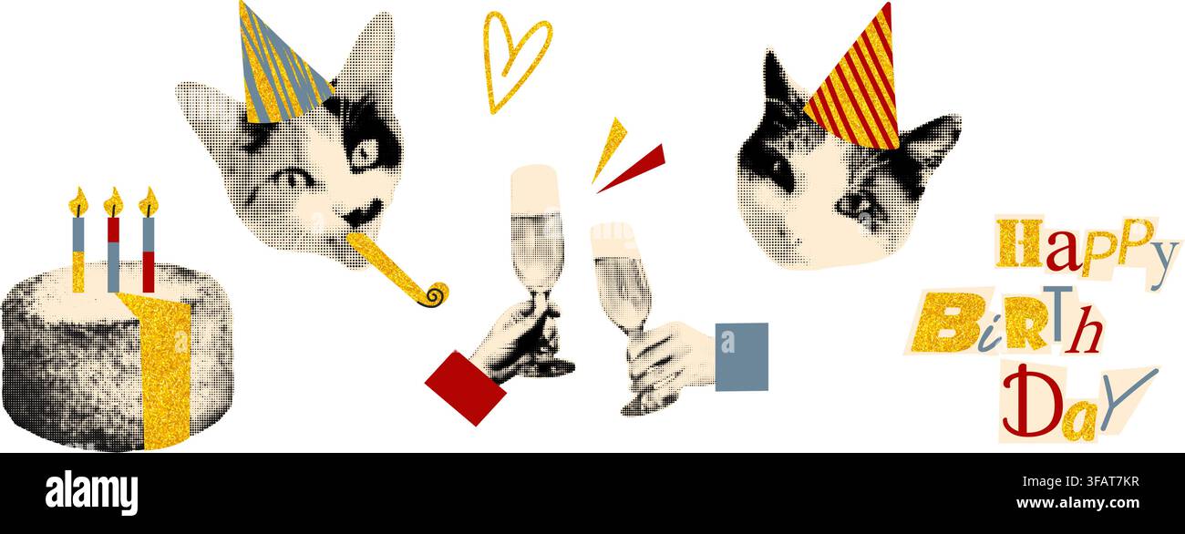 Happy Birthday cat collage elements set vector illustration Stock Vector
