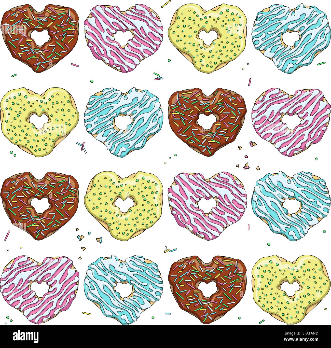 Seamless pattern with donuts in shape heart. Background with vector objects on white. Stock Vector