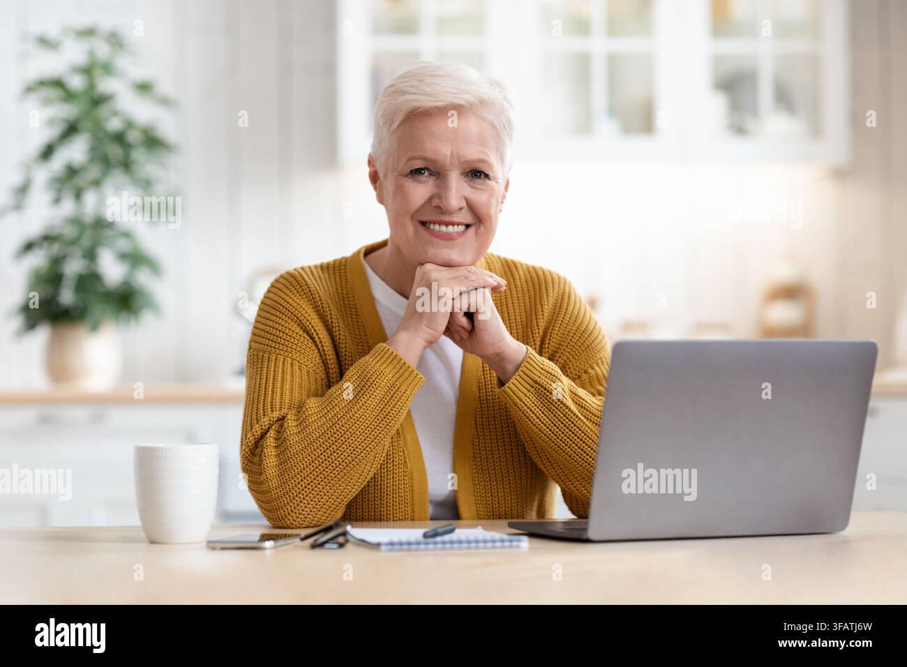 Happy elderly lady waiting for webinar, using laptop Stock Photo