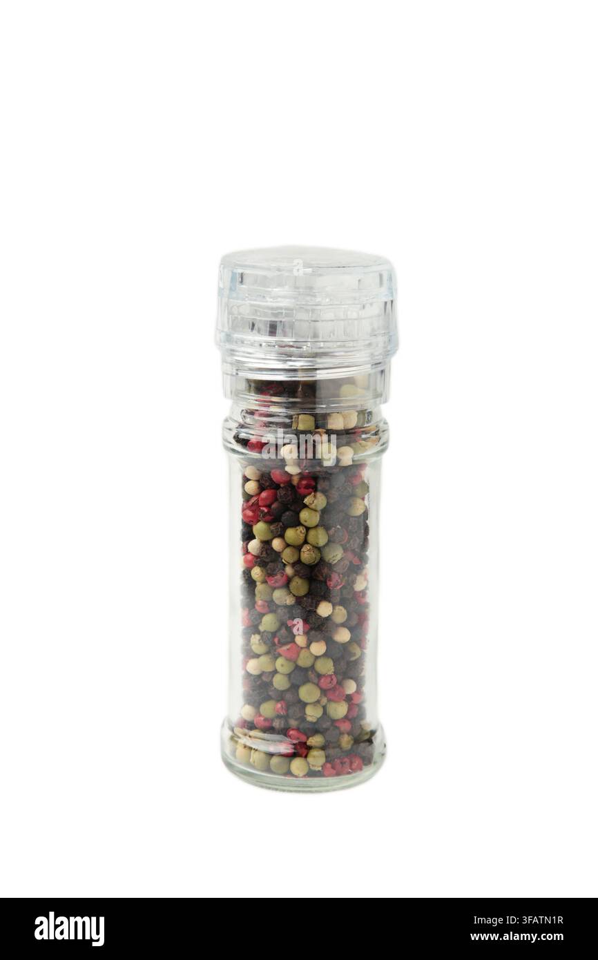 Plastic pepper mill isolated on white background. Top view Stock Photo
