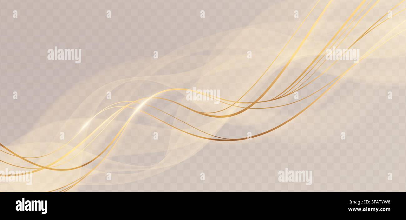 Luxury golden waves flow on transparent background. 3d vector realistic illustration of abstract pattern with soft gold and smooth smoke curves, elegant light effects for premium banner design Stock Vector
