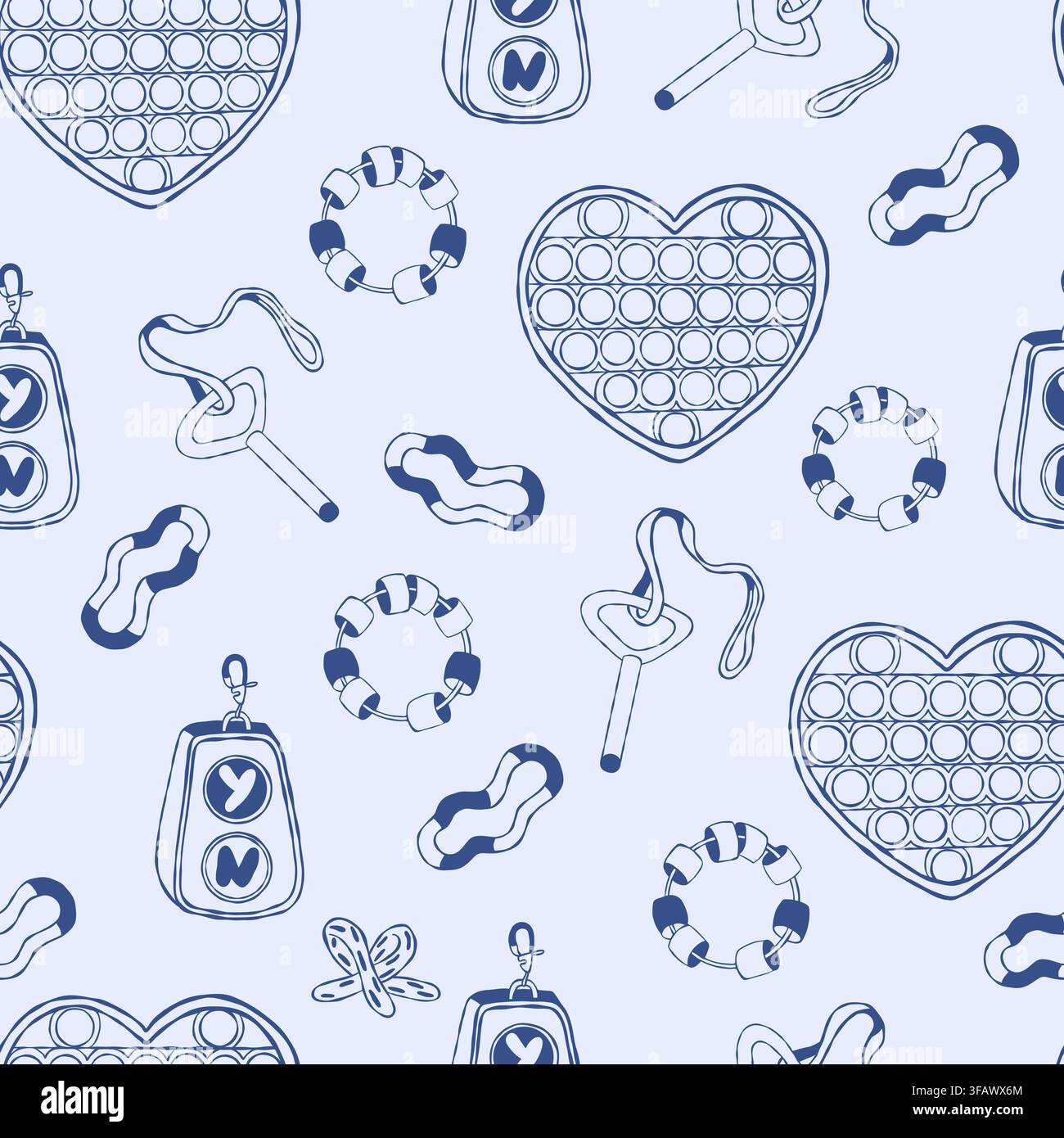 Seamless Pattern with Fidget Heart and Autism Sensory Toys on Blue Background. Continuous Tactile Stimming Tools Print and Wallpaper for ADHD and Stock Vector