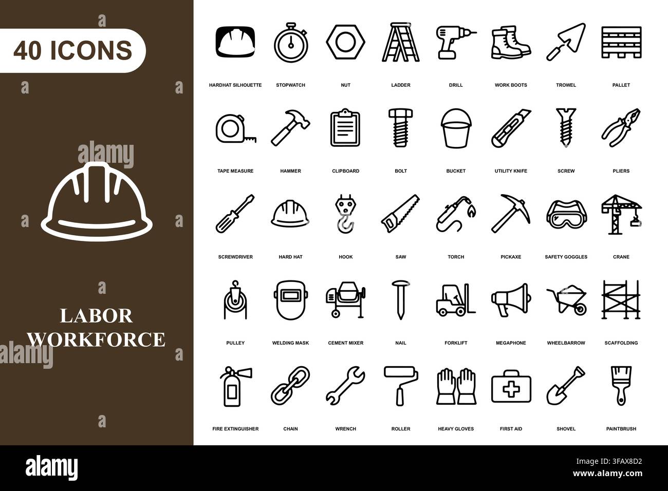 A comprehensive collection of forty linear construction and industrial labor equipment icons. Stock Vector