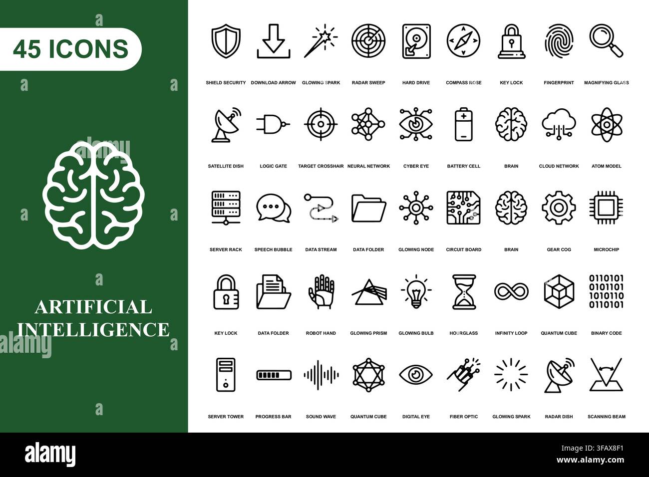 A comprehensive collection of forty five thin line icons representing artificial intelligence and modern technology. Stock Vector