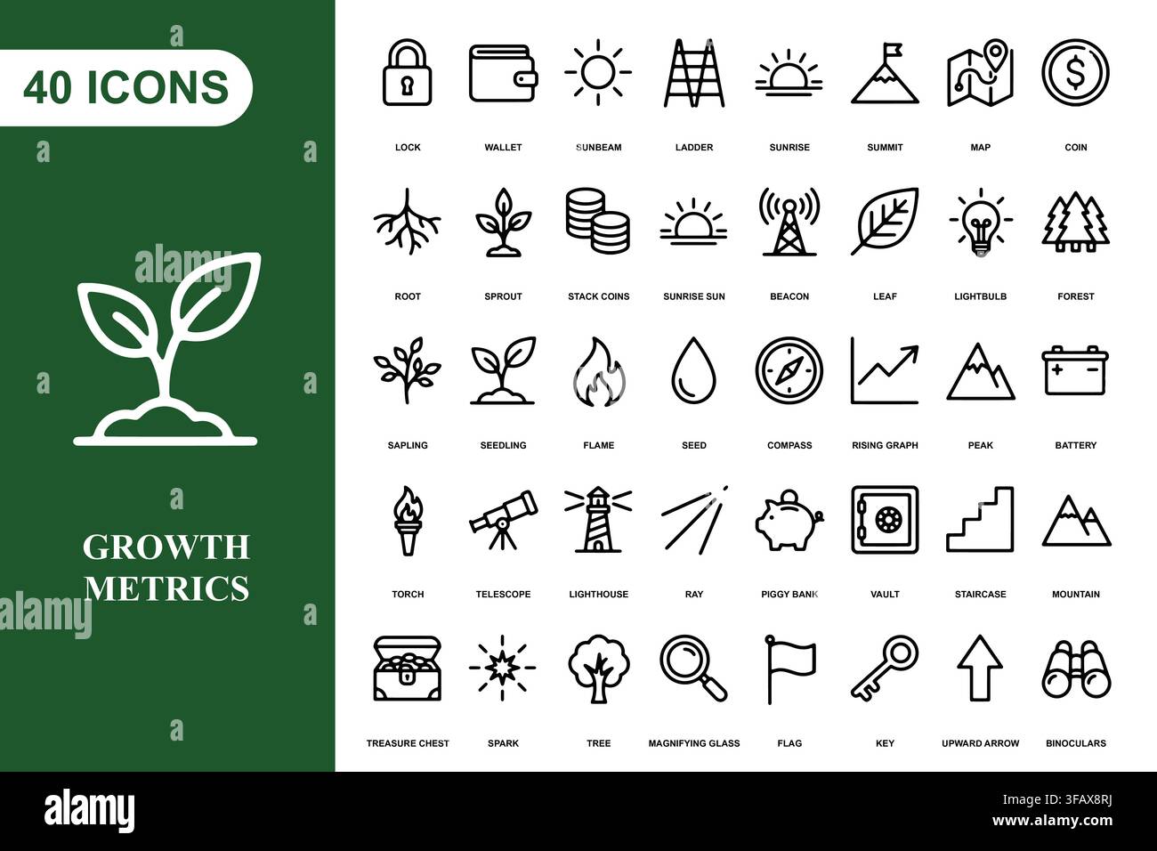 A collection of 40 outline icons representing nature, business growth, finance, and exploration concepts. Stock Vector