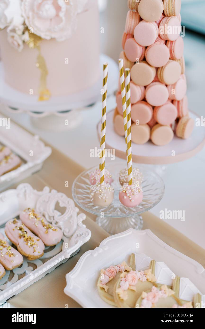 Elegant pastel dessert table with macarons and cake pops Stock Photo