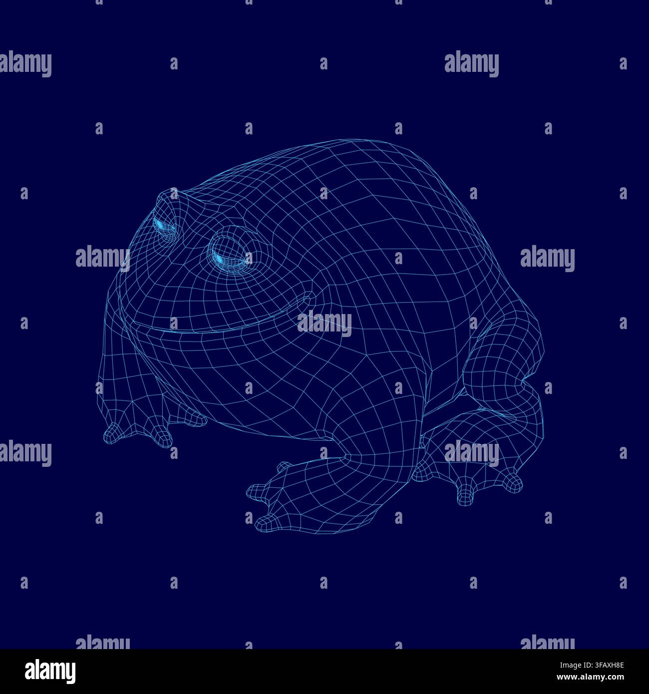 A plump frog wireframe model in 3D, rendered with a geometric mesh structure on a solid blue background. Stock Vector