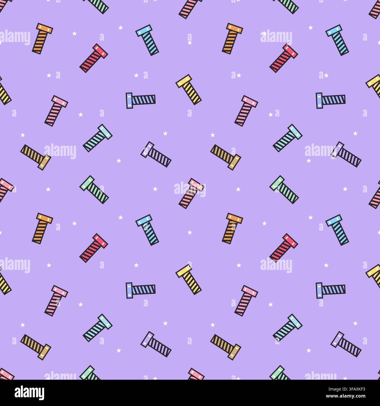 Seamless pattern of colorful bolts and screws decorated with white stars on a pastel purple background. Playful hardware vector illustration for texti Stock Vector
