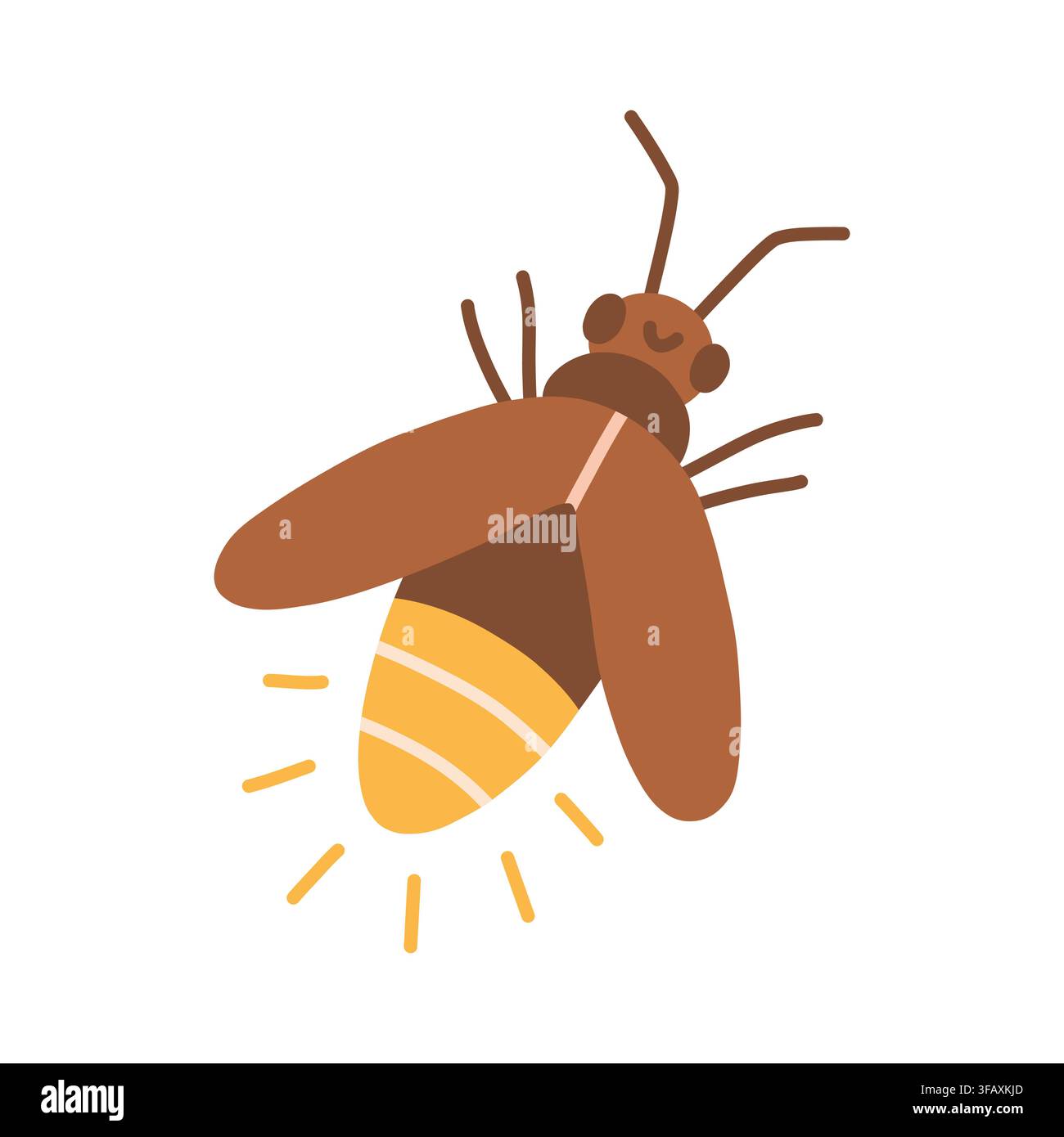 Cute glowing firefly character vector illustration with bright yellow light. Night garden insect isolated on white background Stock Vector