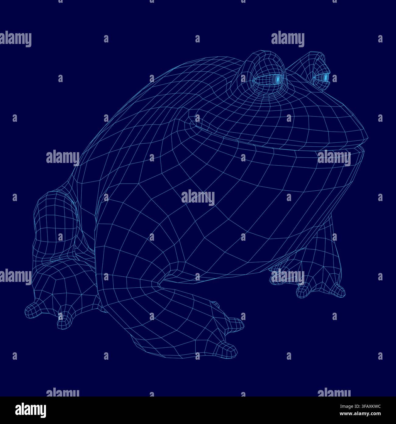 A plump frog 3D model in detailed wireframe style sits on a solid blue background, showcasing realistic digital rendering. Stock Vector