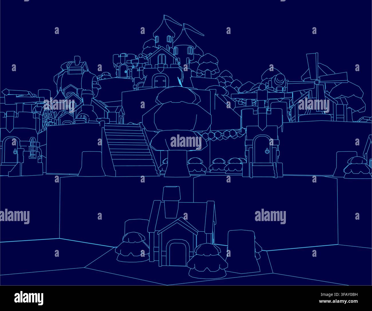 Ancient low poly city contour features a central castle and various buildings on a dark blue background. The geometric illustration uses clean lines a Stock Vector