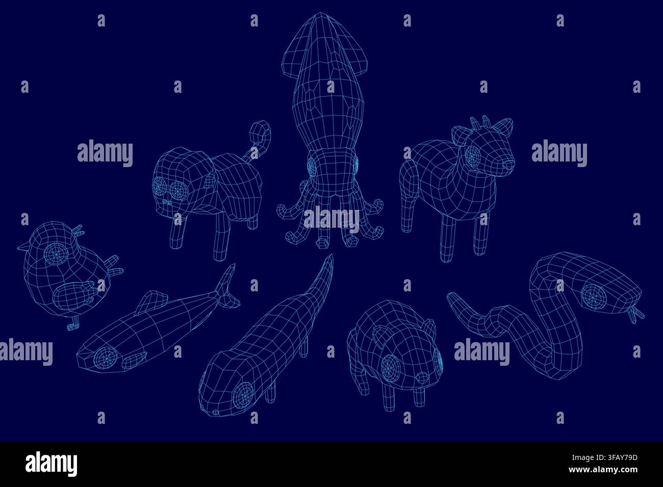 A low poly animal set features a 3D wireframe model with realistic details on a solid blue background. Stock Vector
