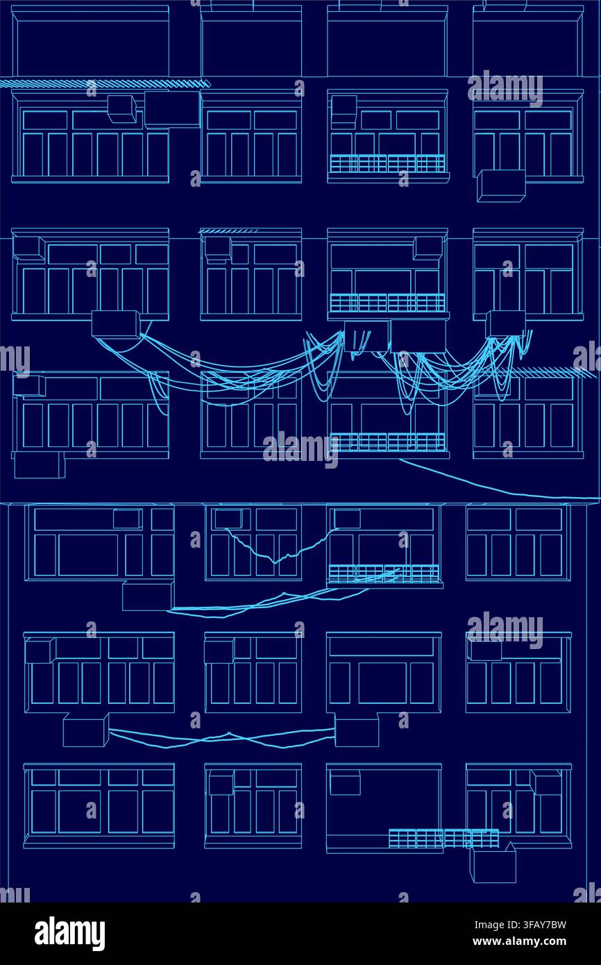 Detailed blueprint of a building facade featuring numerous windows, balconies, and doors in a classic architectural plan. Stock Vector