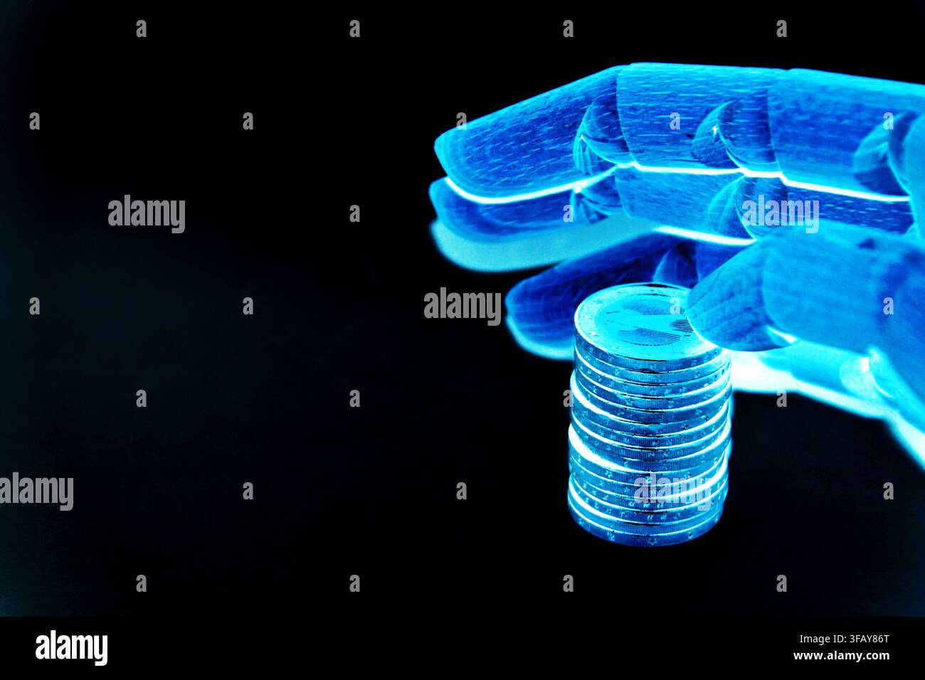 Robotic Hand Touching Money on Black Background Stock Photo