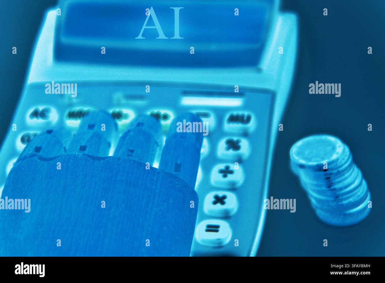 Robotic Hand Typing on AI Calculator Technology Concept Stock Photo