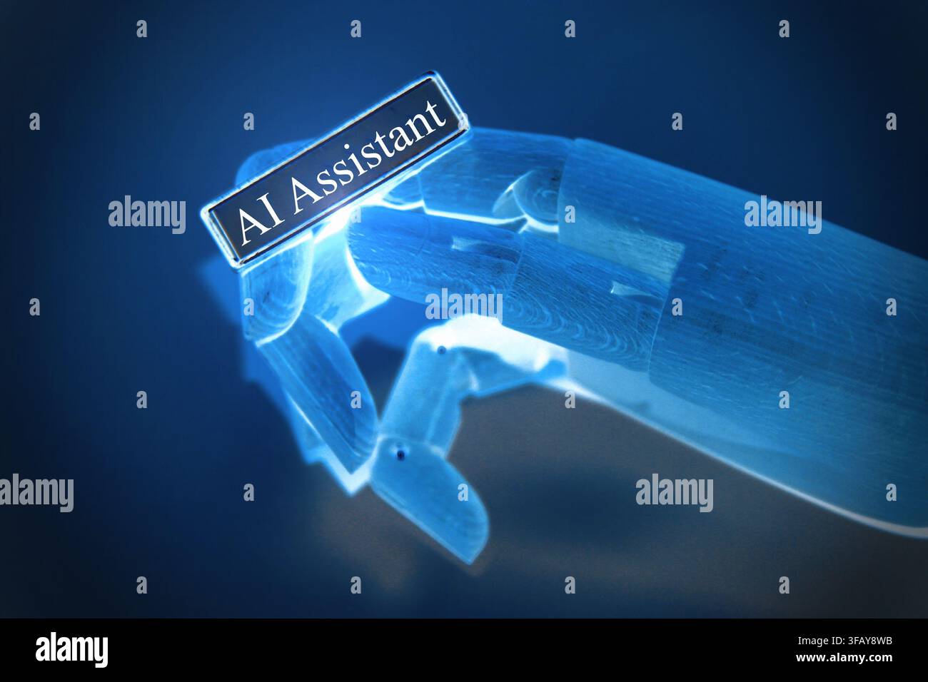 AI Assistant Robot Hand Holding Name Badge Stock Photo