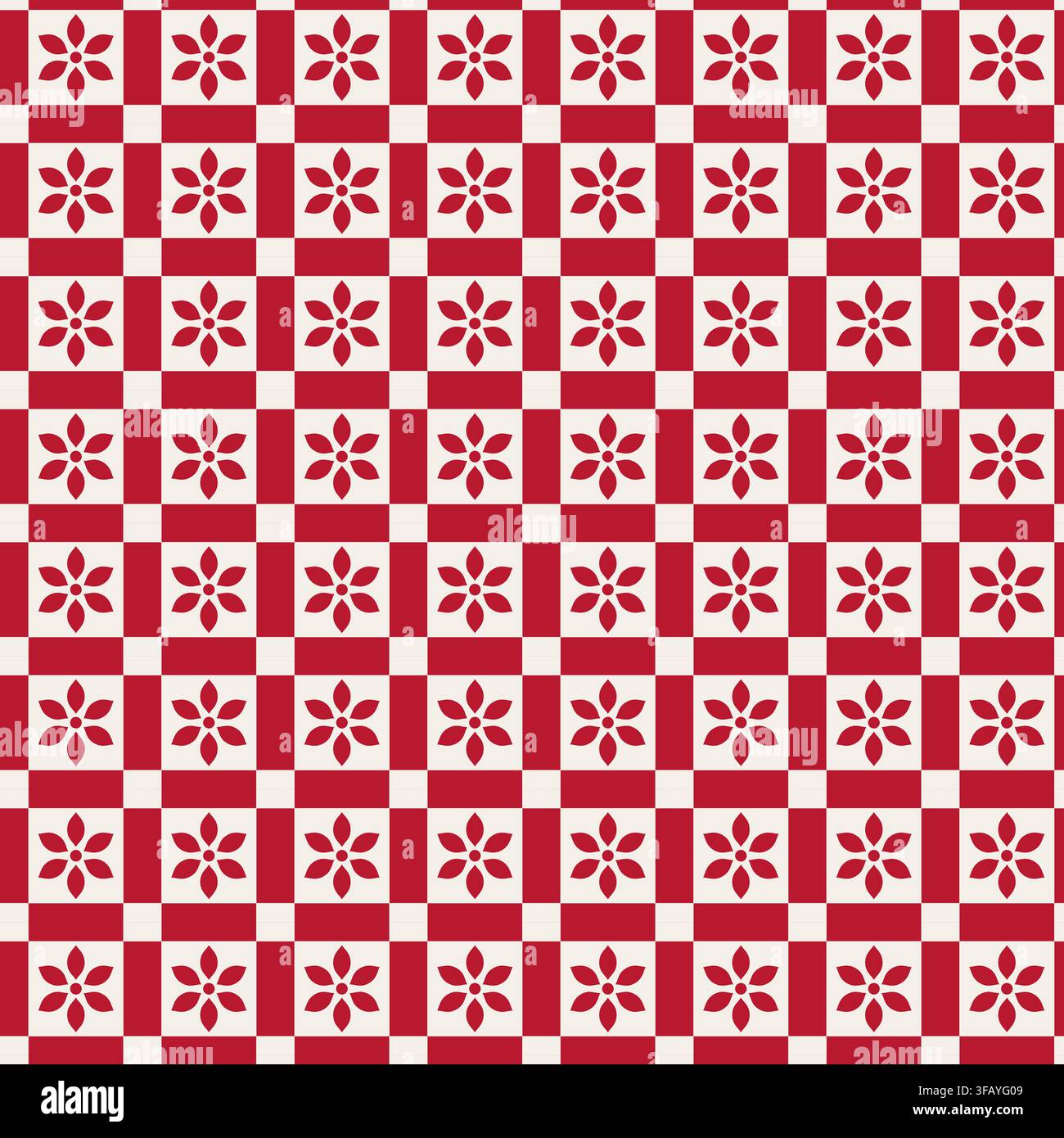 Red Cream Folk Floral Checkerboard Pattern Stock Vector