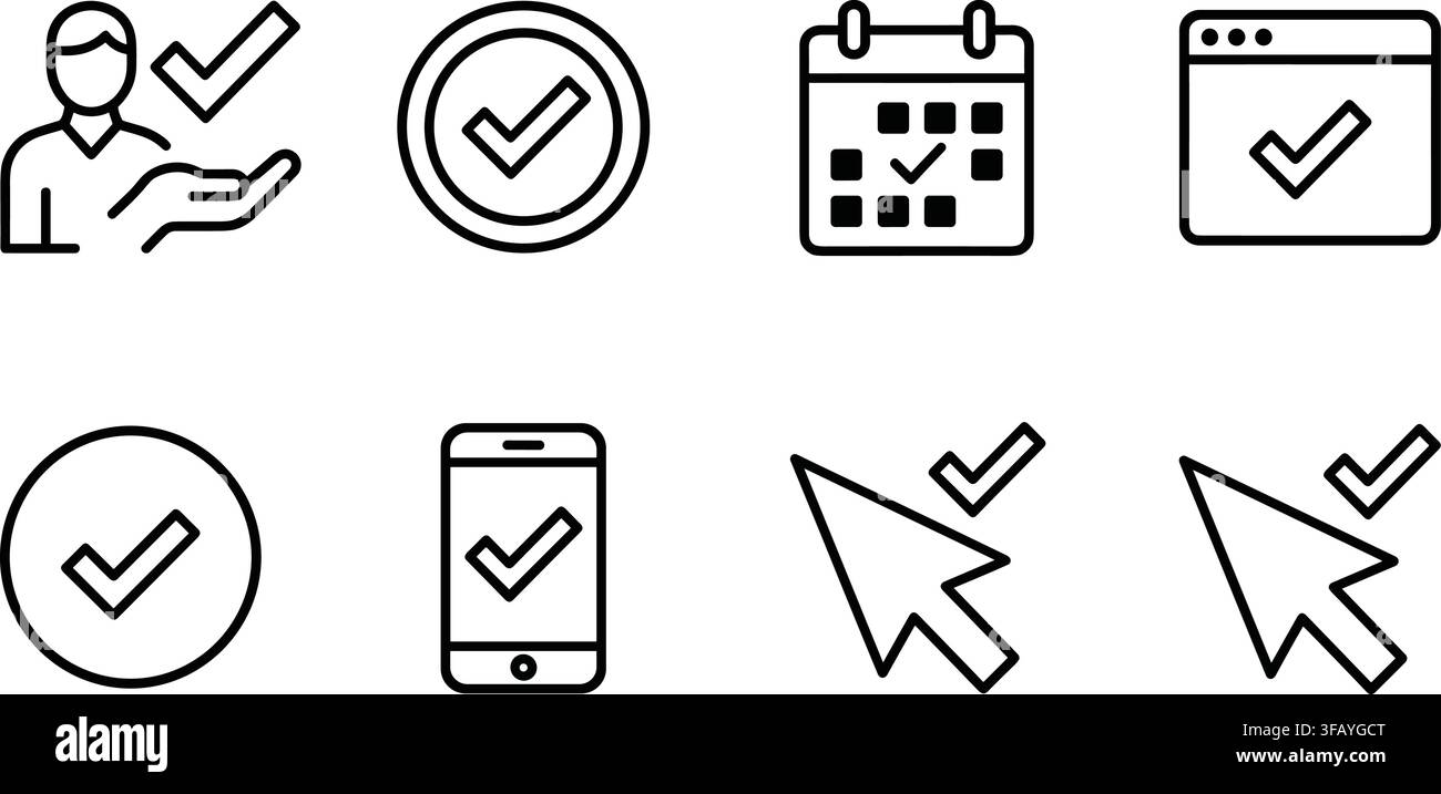 Black outline checkmark icon set for success, approval, and validation on multiple interfaces. Stock Vector