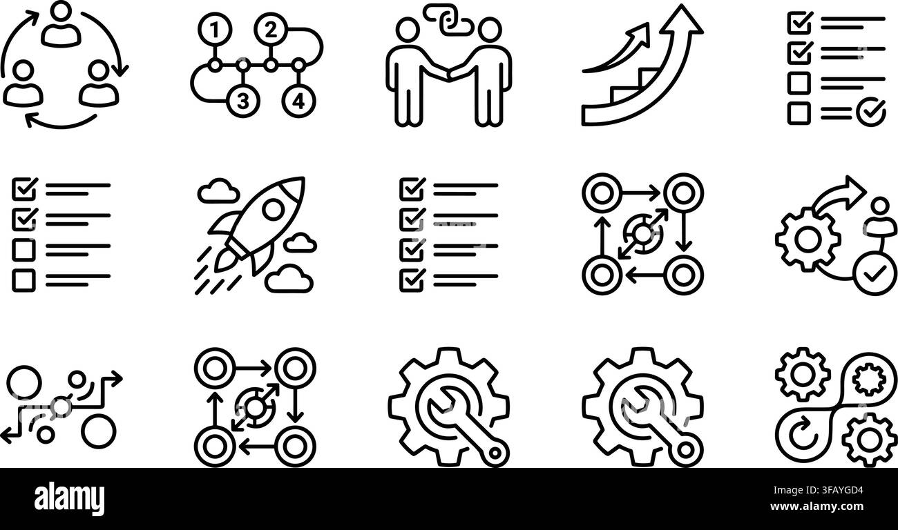 Business workflow process icons showcasing procedural pathways and task management steps. Stock Vector