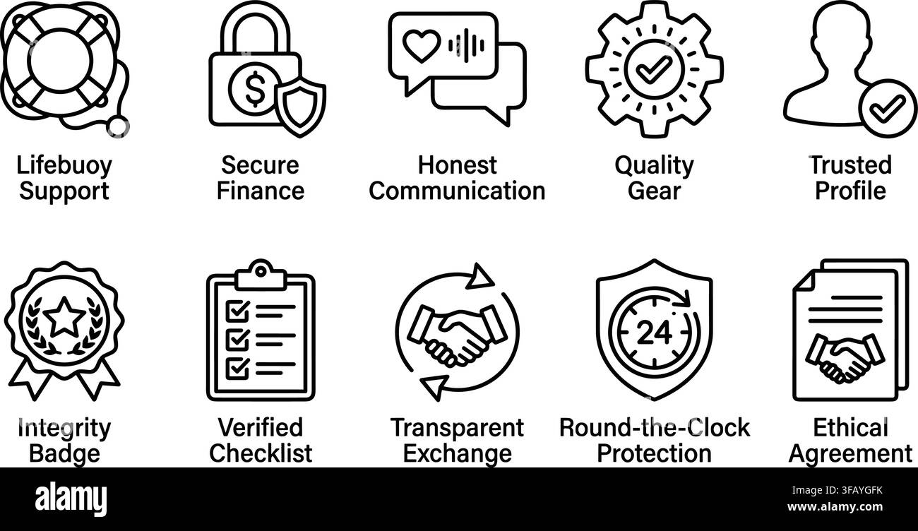 Business trust and security certification icons with descriptive text labels for website. Stock Vector