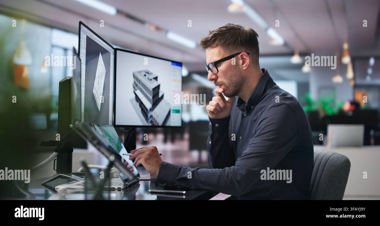 Young Architect Studying 3D Building Model On Dual Touchscreen Laptop. Stock Photo