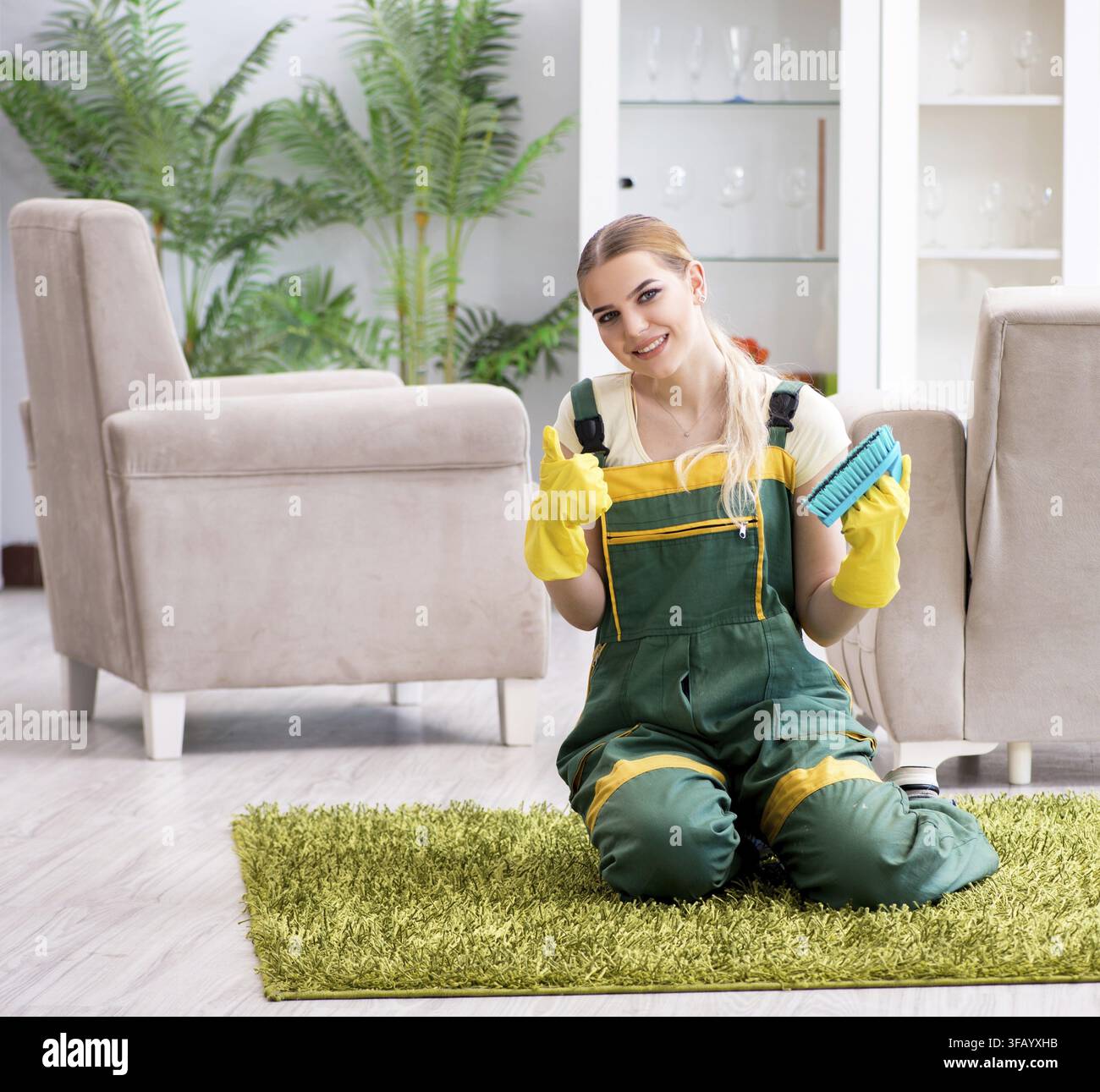 The professional cleaner who cleans carpets Stock Photo