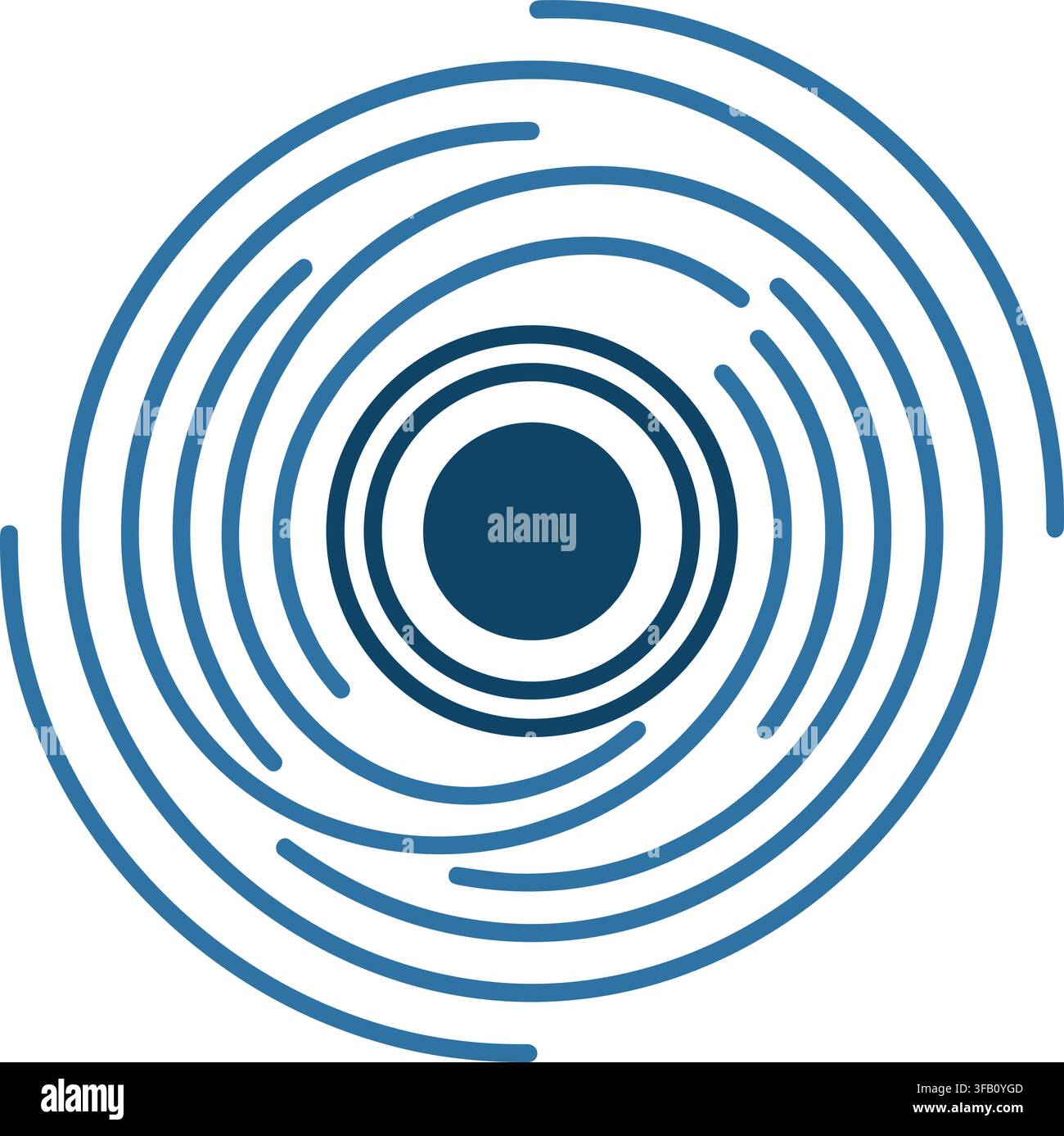 Abstract blue concentric circular ripples and spiral pattern design element representing sonic waves or sonar echoes. Stock Vector