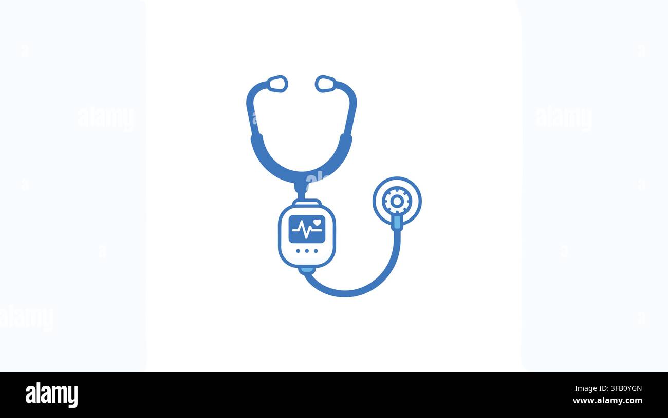 Blue digital stethoscope icon with medical heart rate monitor display for diagnostic health check medical tool kit. Stock Vector